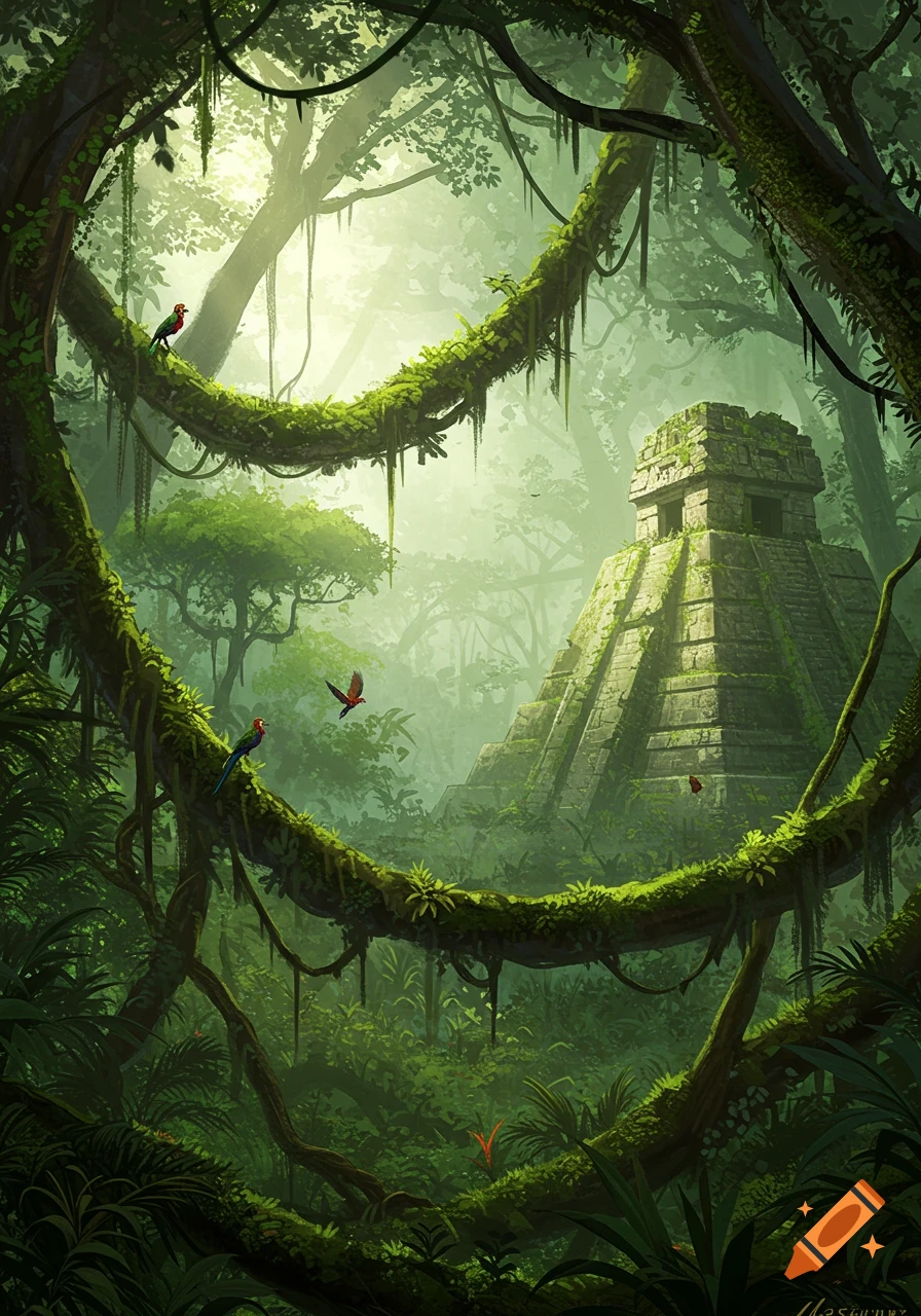 Vibrant digital painting of a dense, misty jungle framing an ancient stone pyramid with tropical birds.