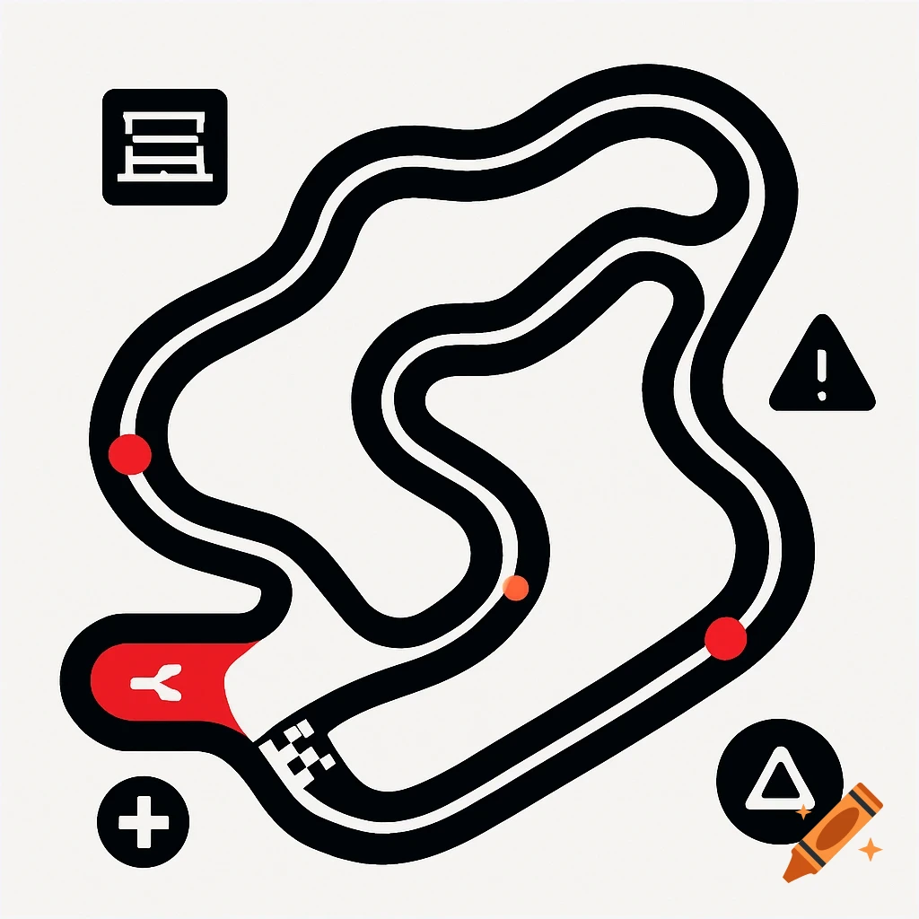 A minimalist top-down illustration of a winding black race track with a red starting area, checkered flag, and markers on a white background.
