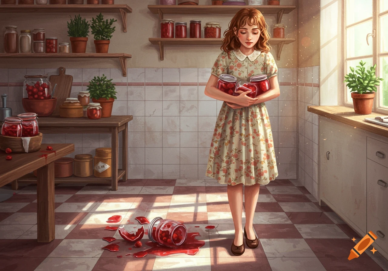 An illustrated woman in a kitchen, holding jars of jam and looking at a broken jar with spilled berries on the floor.