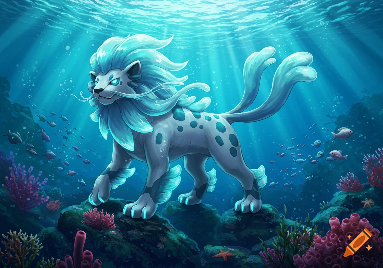 A majestic, glowing blue, lion-like creature stands on underwater rocks amidst coral and fish, illuminated by sunlight.