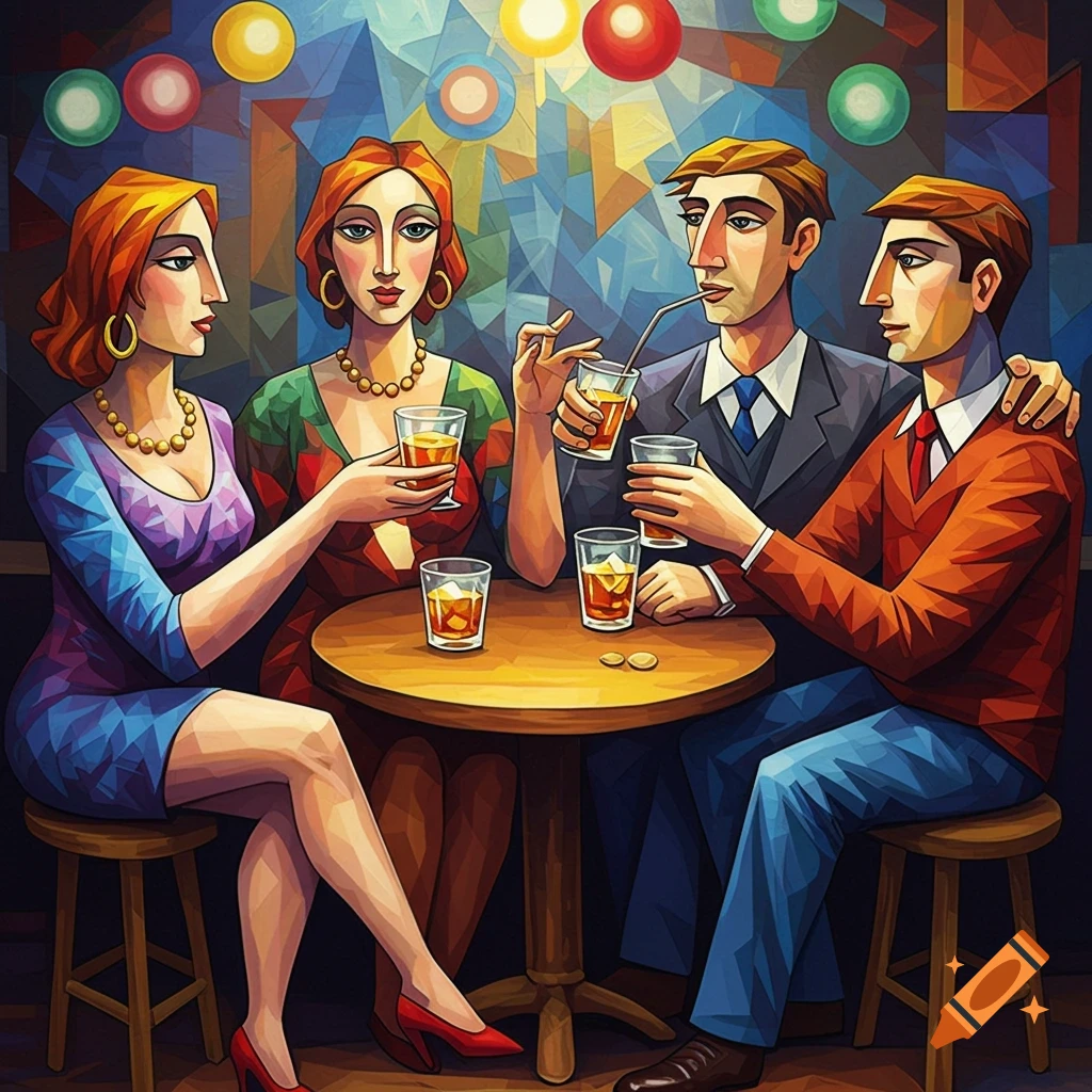 Four friends, two women and two men, sit around a table drinking in a vibrant, cubist Picasso-style bar scene.