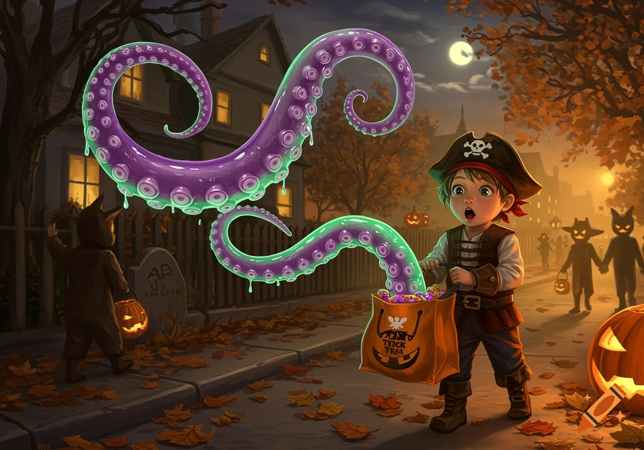 A cartoon child in a pirate costume looks startled as a purple octopus tentacle emerges from their trick-or-treat bag on a Halloween night street.