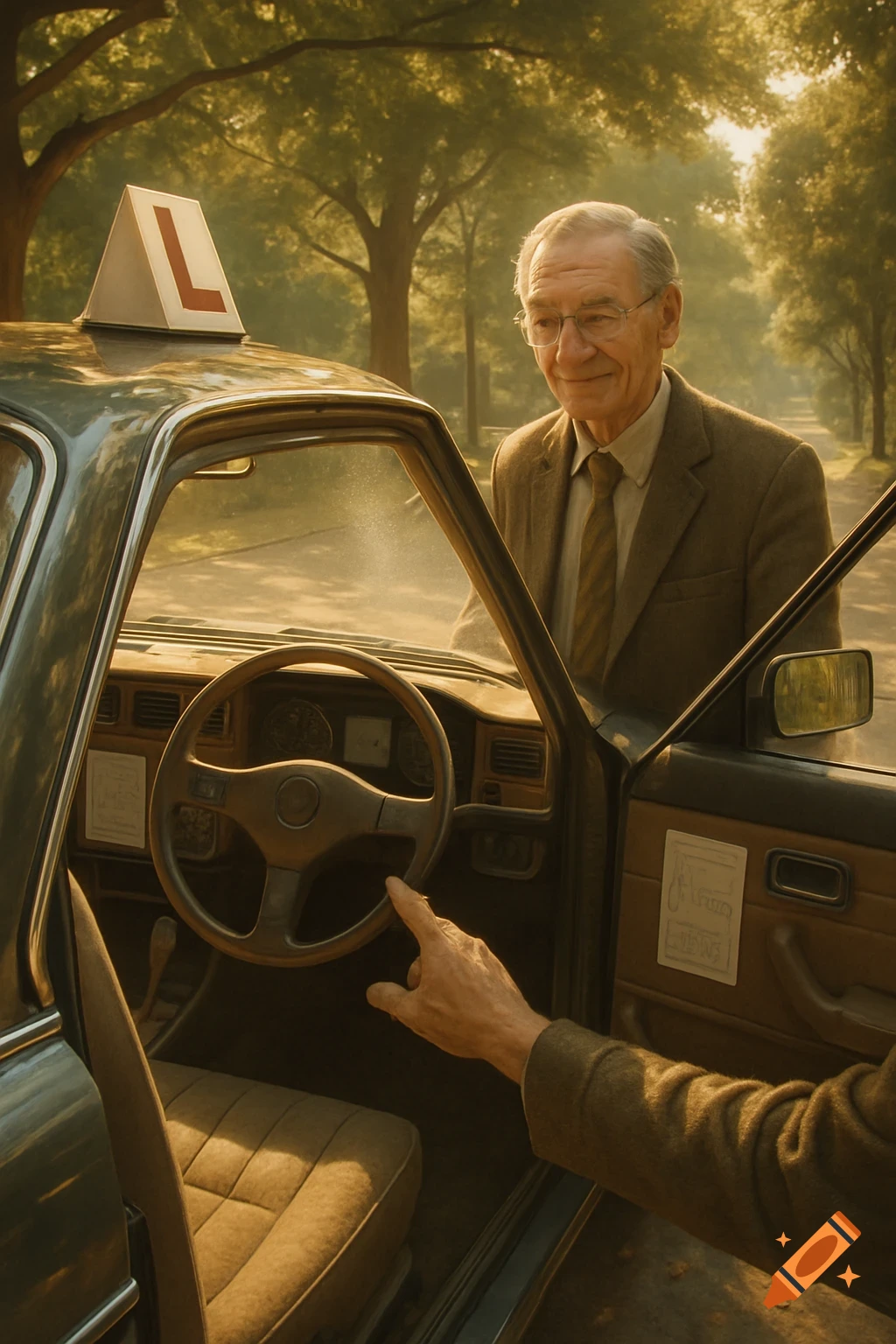 Photorealistic image of a smiling elderly man standing next to a car with an L-plate on the roof. Another person's hand points to the steering wheel from inside the car.