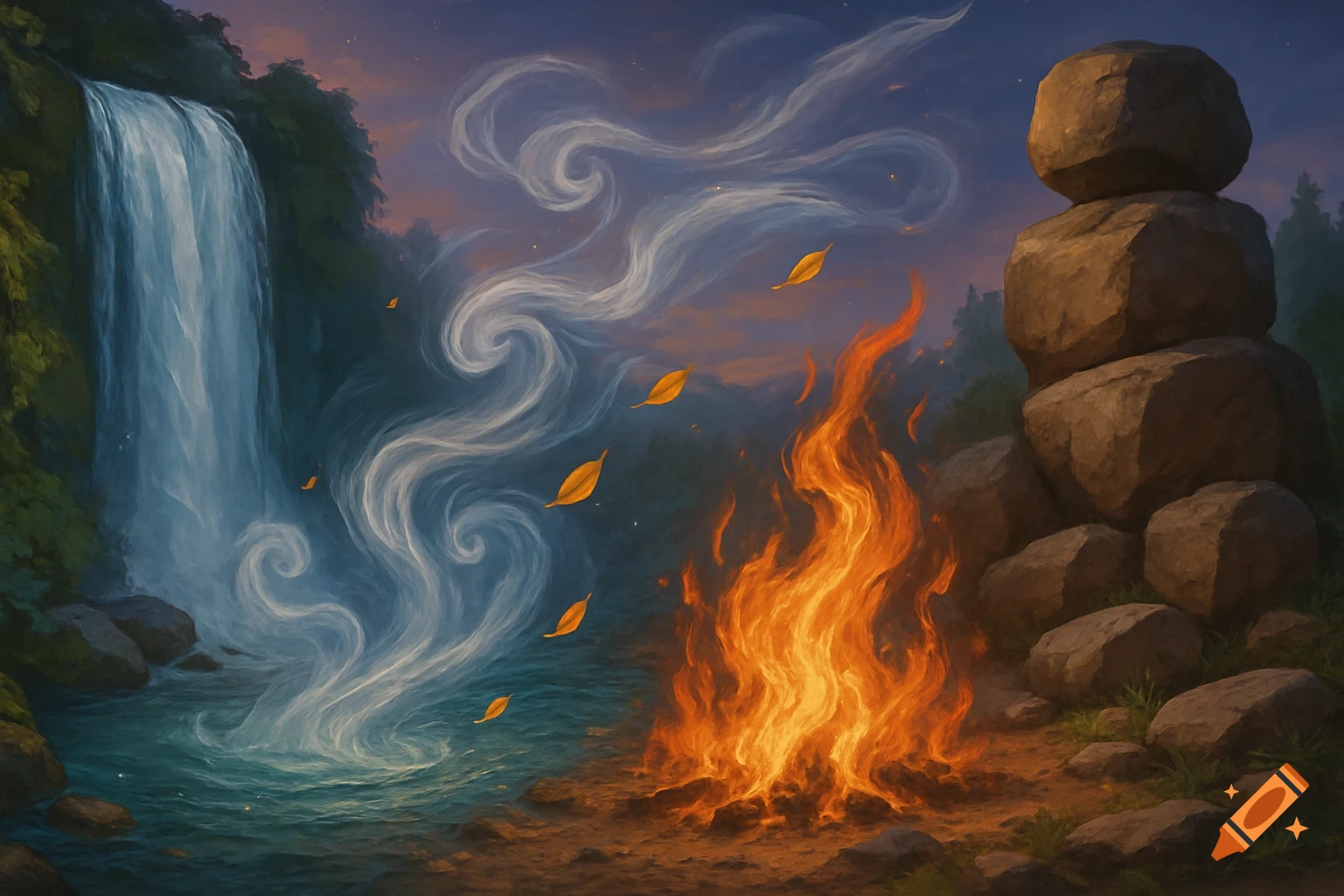 A digital painting depicting a waterfall, swirling white smoke, orange flames, and large rocks under a dusk sky, symbolizing natural elements.