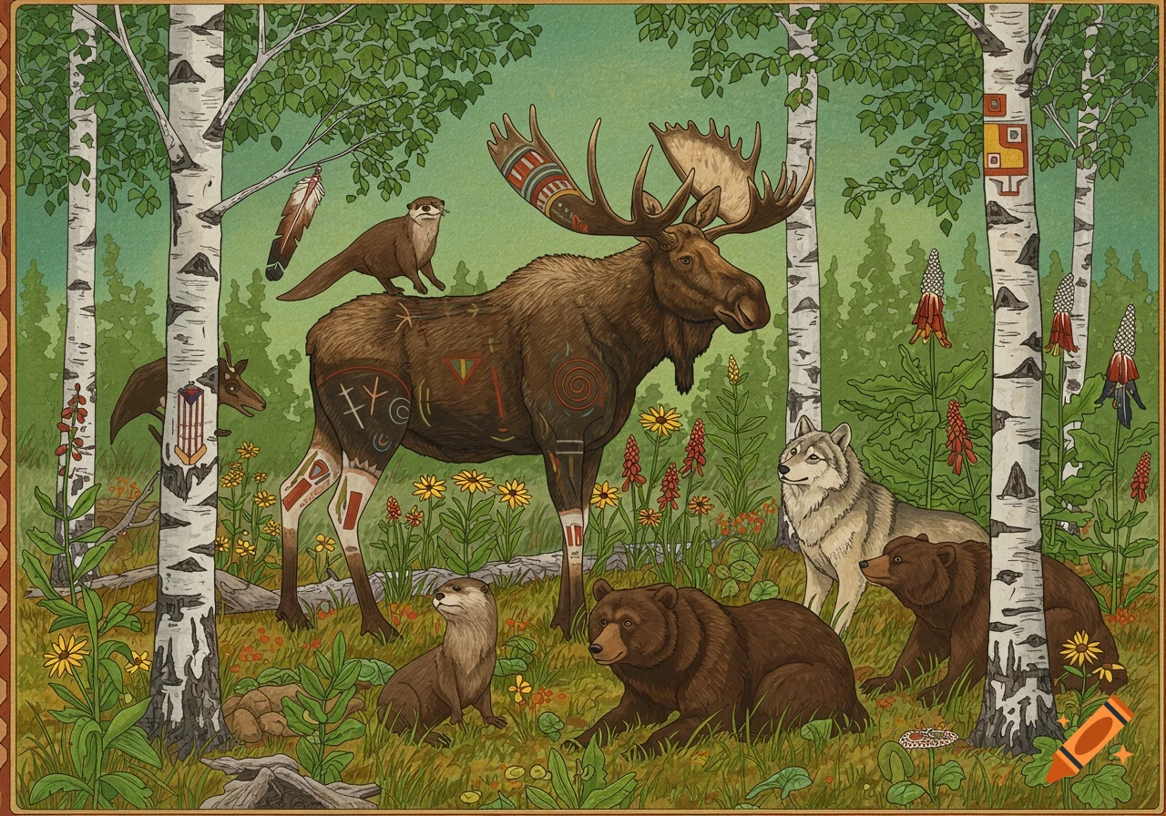 Ojibwe woodland art of a moose with patterned antlers, an otter, a wolf, and bears in a birch forest.