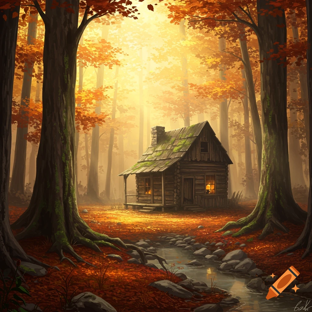 Digital painting of an old wooden cabin with a mossy roof nestled in a vibrant autumn forest, lit by golden sunlight, with a stream.