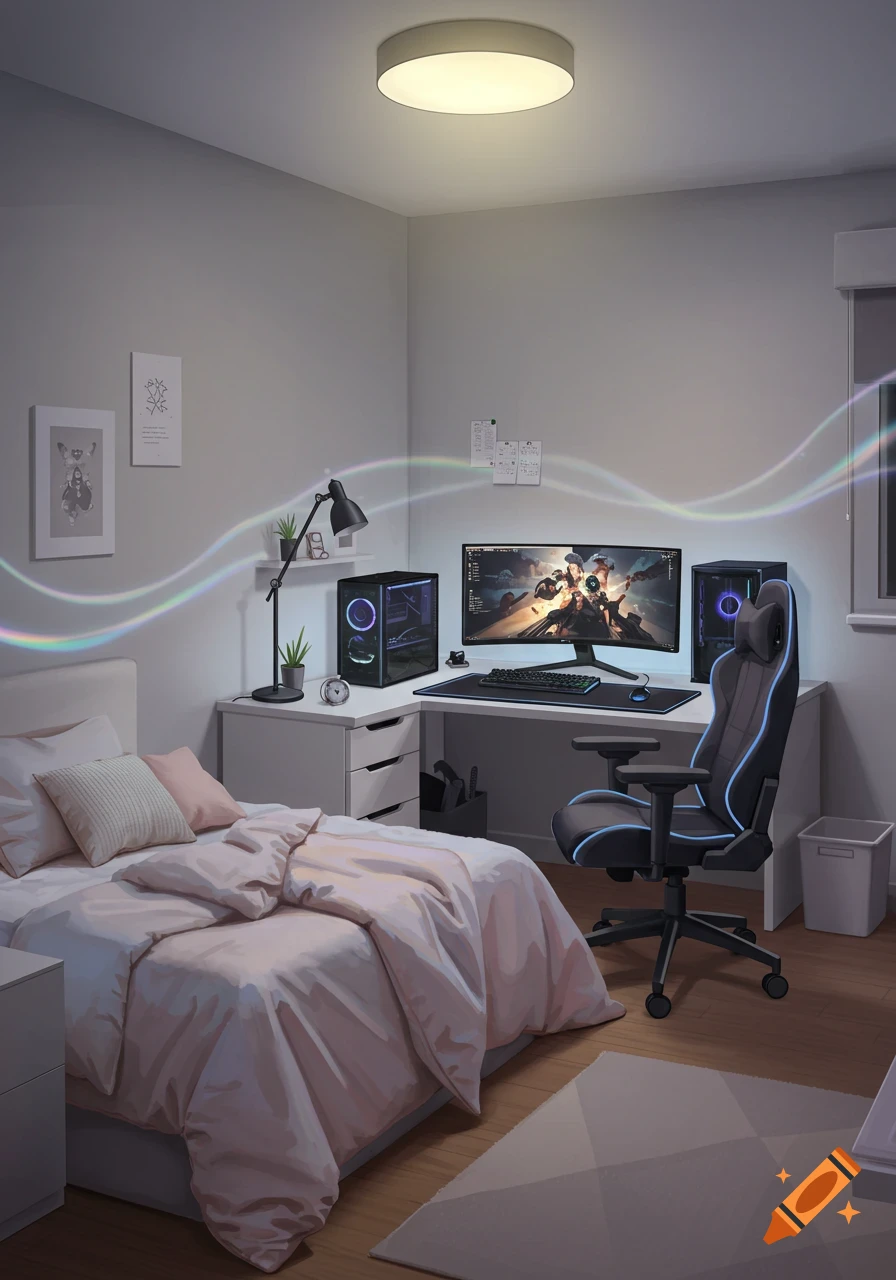 A modern bedroom featuring a gaming setup with a large monitor, PC, and chair, alongside a single bed with pink bedding.