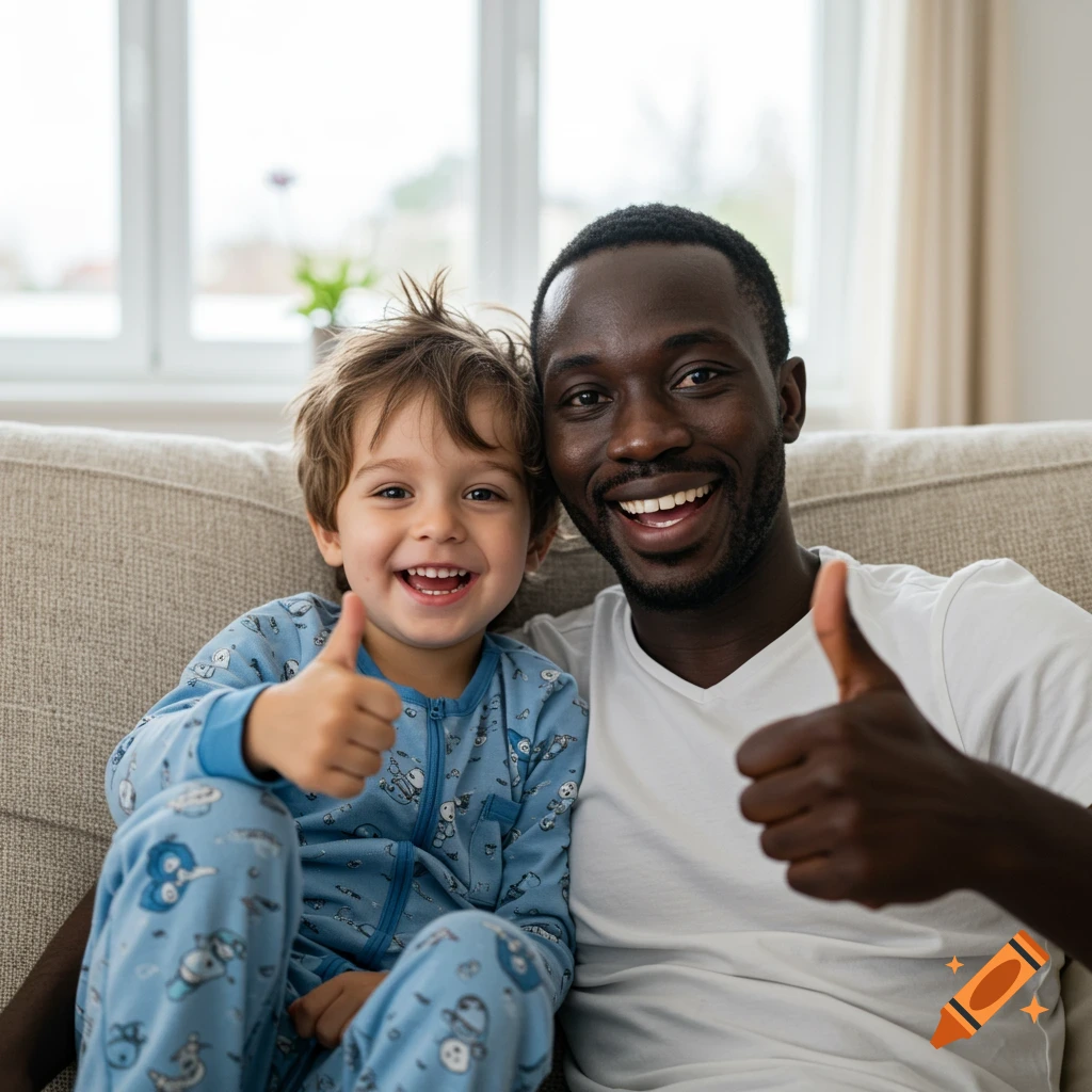 Photorealistic portrait of a smiling African father and his young son, both giving a thumbs up on a couch.
