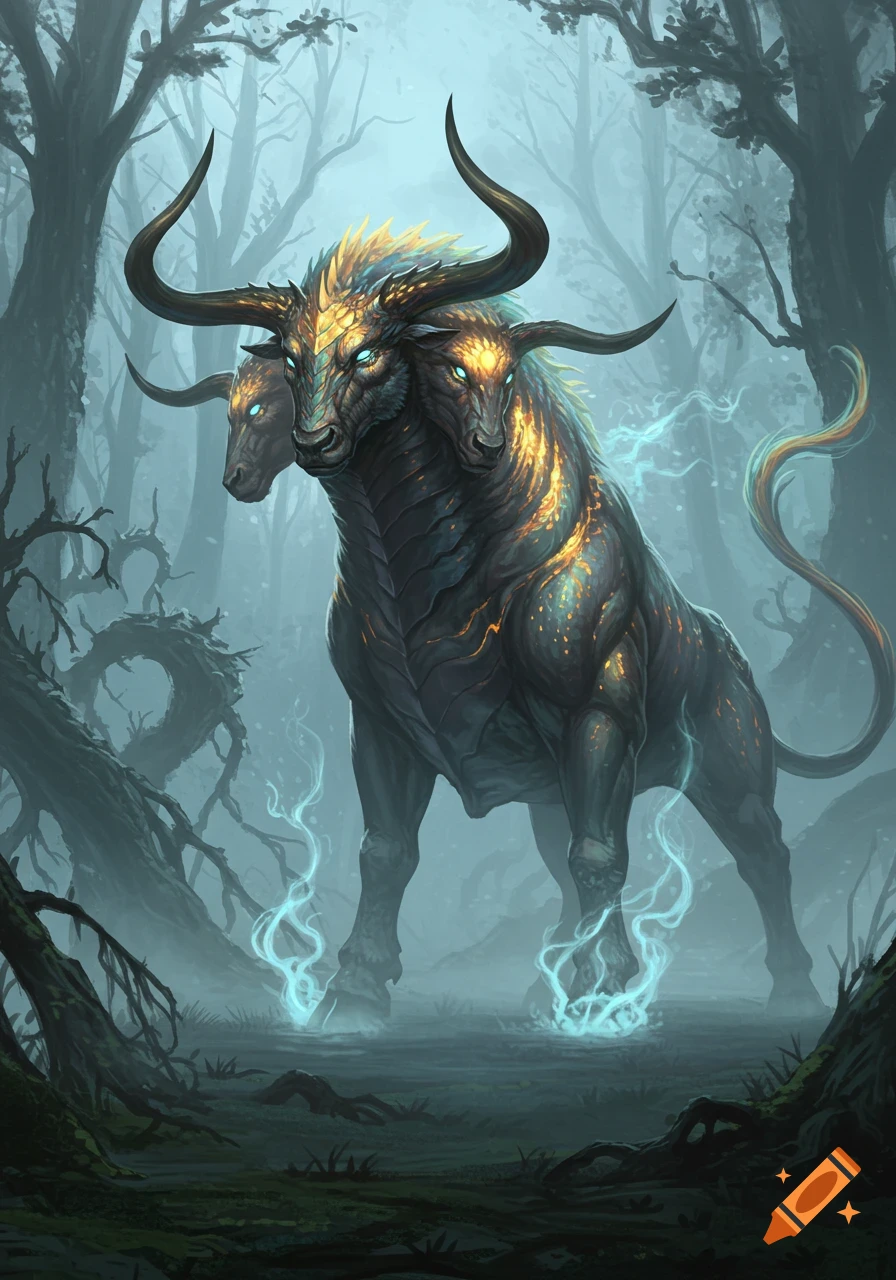 A three-headed, bull-like fantasy creature with glowing eyes and golden patterns stands in a misty, dark forest, emanating blue energy.