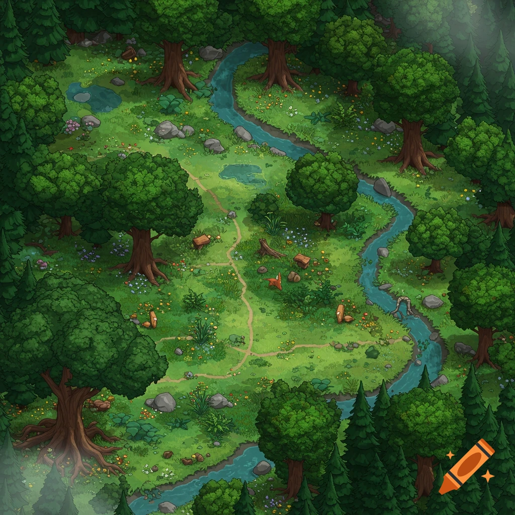 Isometric cartoon forest map with a winding river, dirt path, and lush green trees.