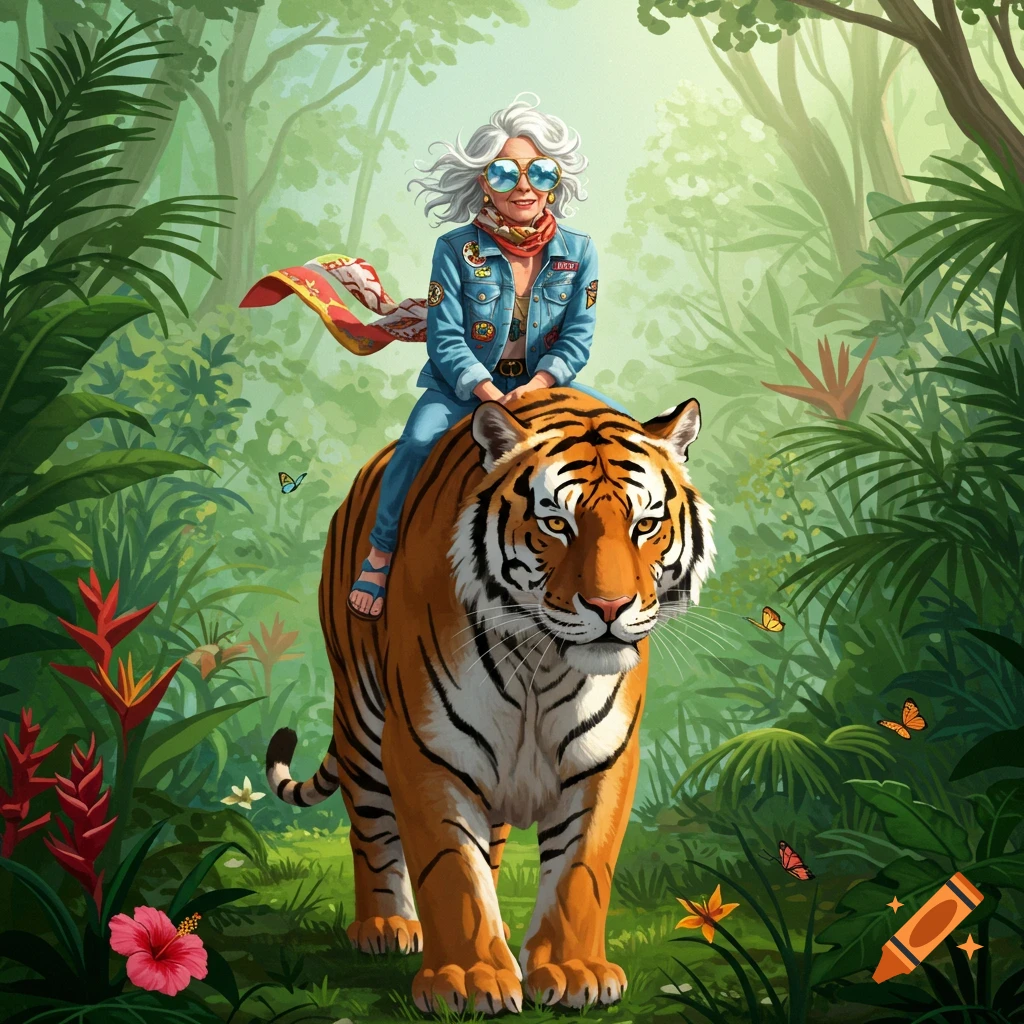 A stylish elderly woman with white hair, sunglasses, and a denim jacket rides on the back of a large tiger through a vibrant, lush jungle.