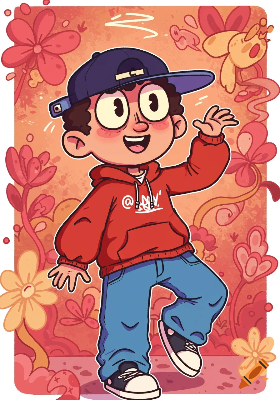 A cartoon boy in a red hoodie, blue jeans, and a backward baseball cap waves, surrounded by stylized flowers and swirls.