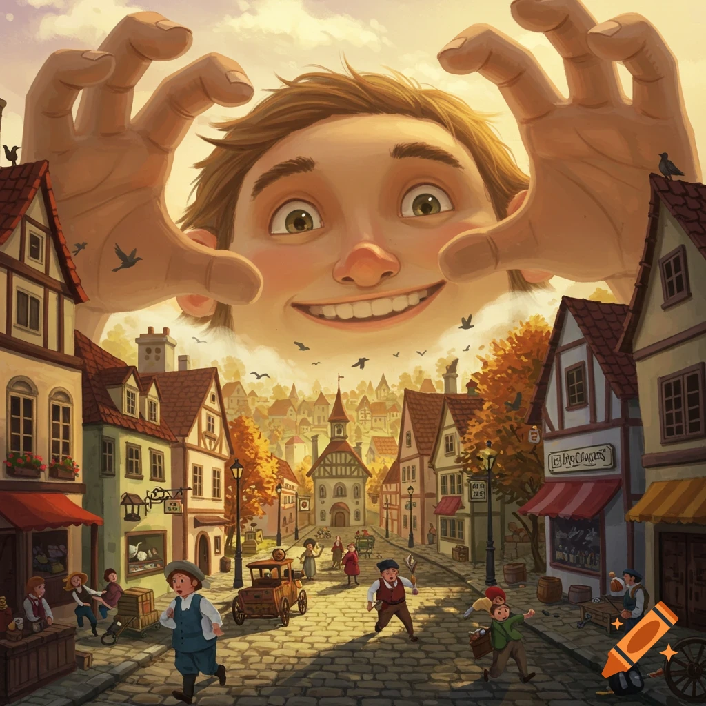 A large, smiling giant's face and hands loom over a cobblestone town with small, panicking people; cartoonish illustration.