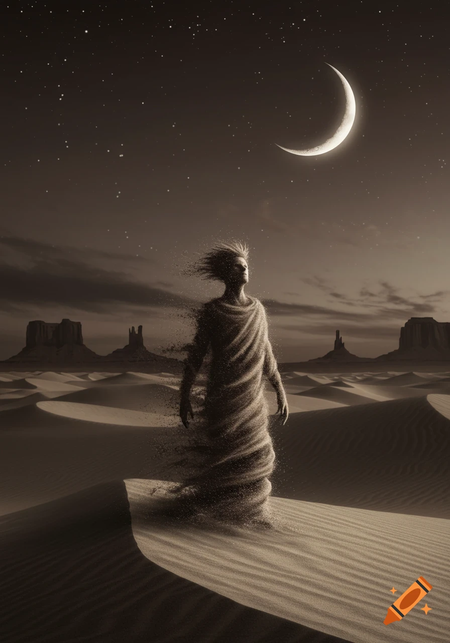 A figure made of sand drifts in a desert landscape under a starry night sky with a crescent moon.