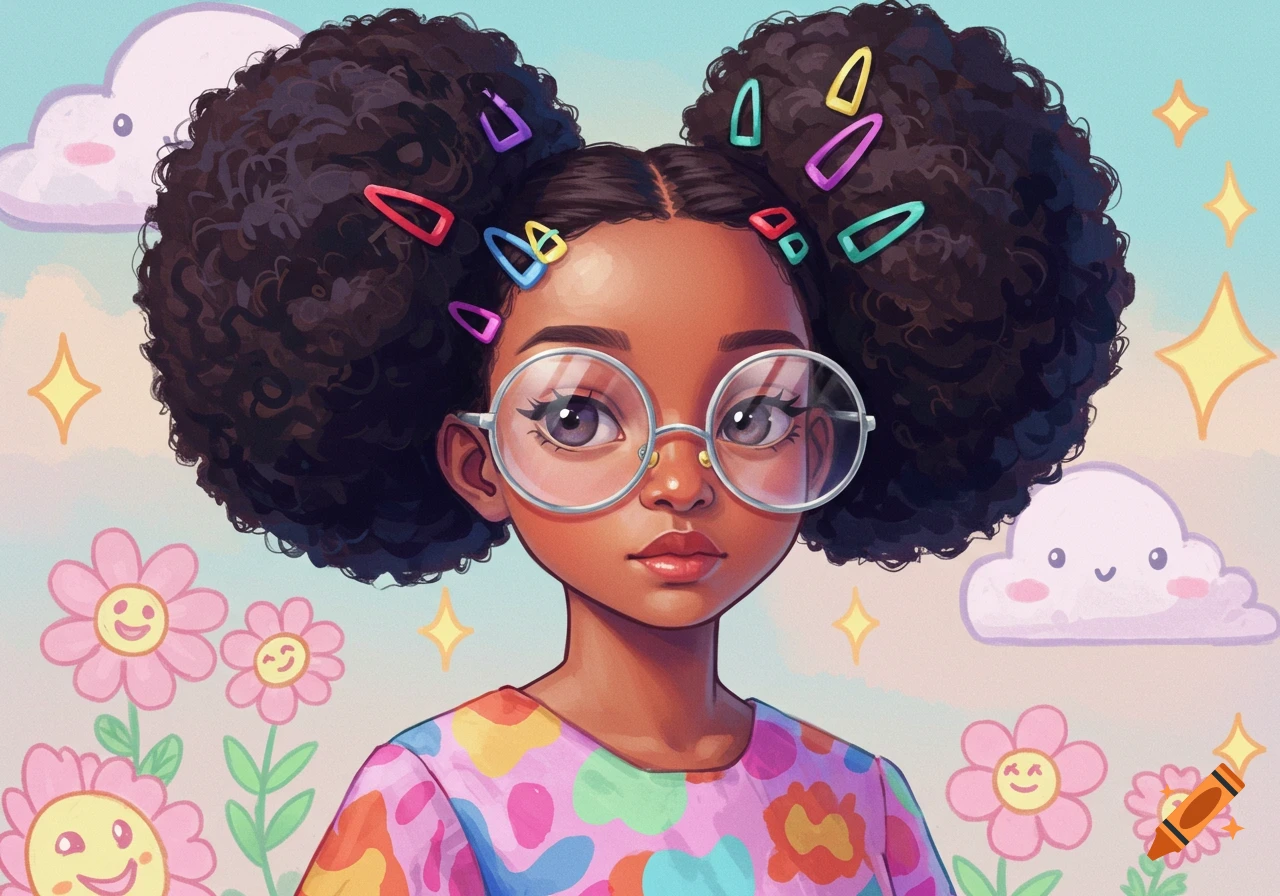 Webtoon illustration of a Black girl with Afro puffs, colorful clips, and round glasses, against a cheerful background with smiling clouds and flowers.