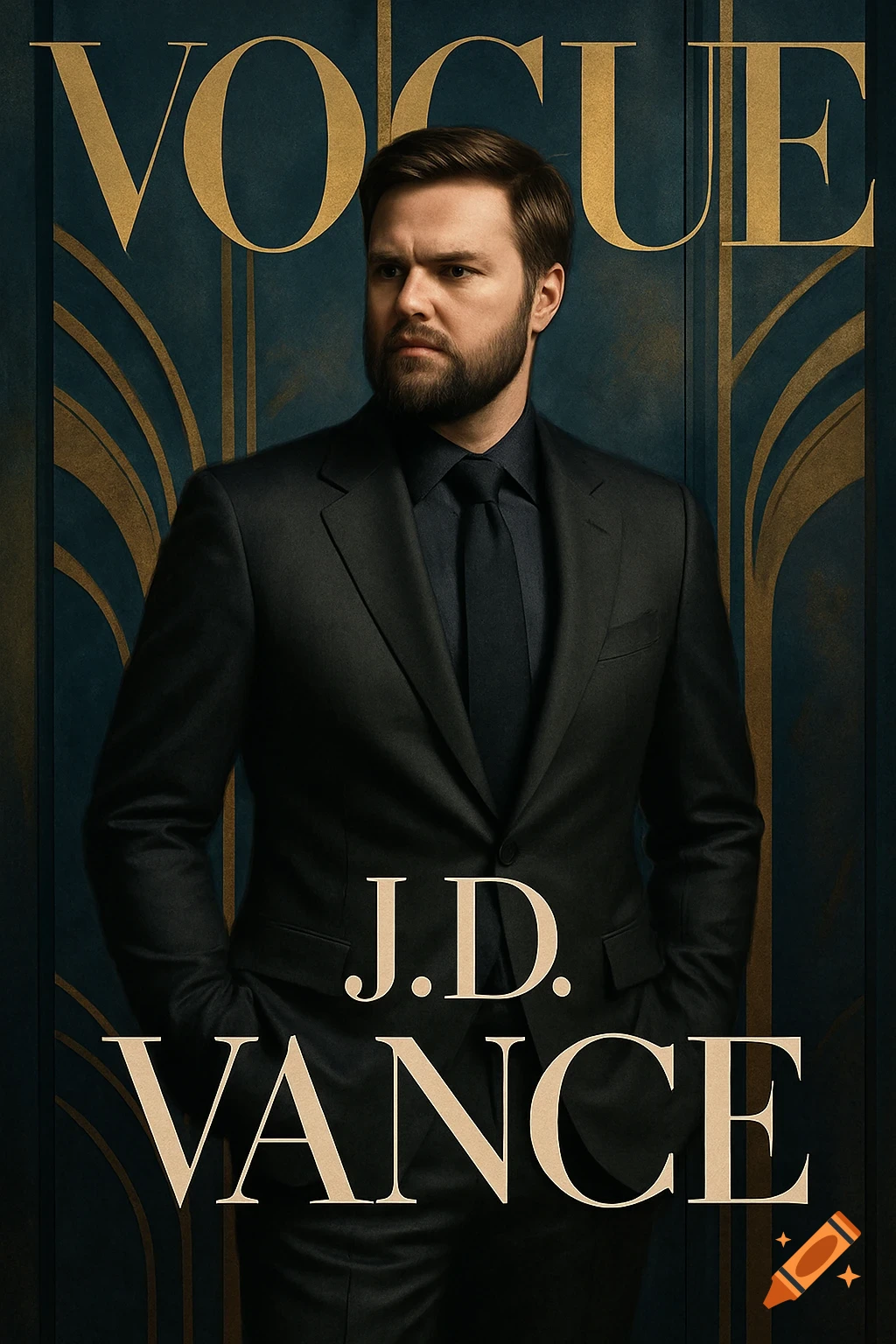 A man with a beard in a dark suit on a magazine cover with 'VOGUE' and 'J.D. VANCE' against an art deco background.