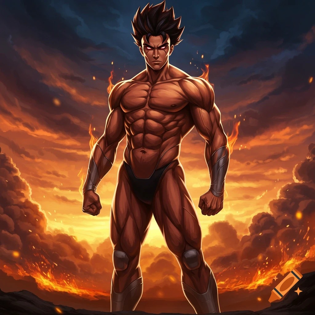 A muscular anime man with spiky dark hair and glowing red eyes stands confidently against a fiery, cloudy sunset background.