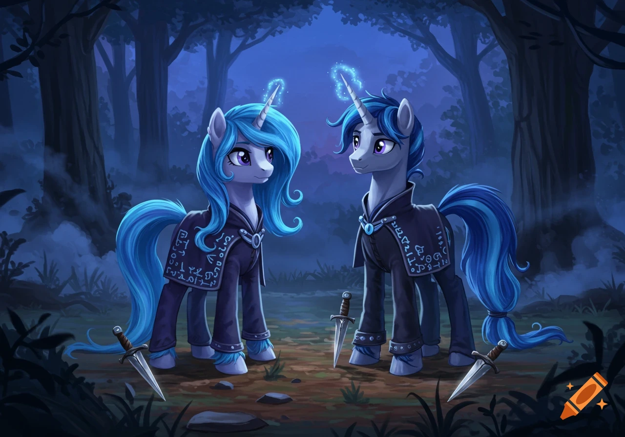 Two blue-maned unicorns in dark cultist cloaks stand facing each other in a dimly lit, foggy forest at night, with daggers lying on the ground near their hooves.