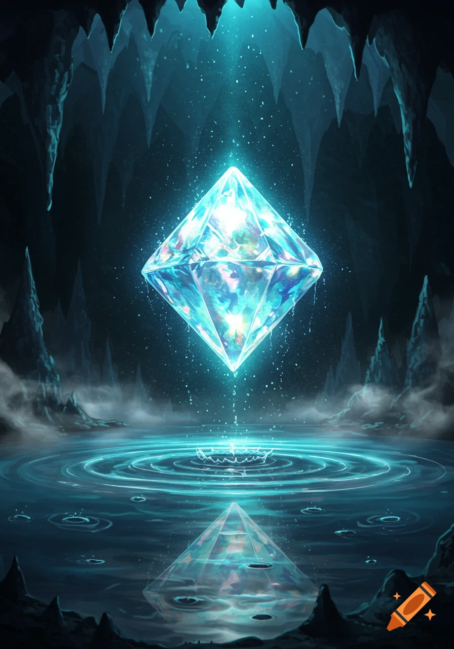 Glowing blue diamond floats above a mystical cave pool with ripples, fantasy art.