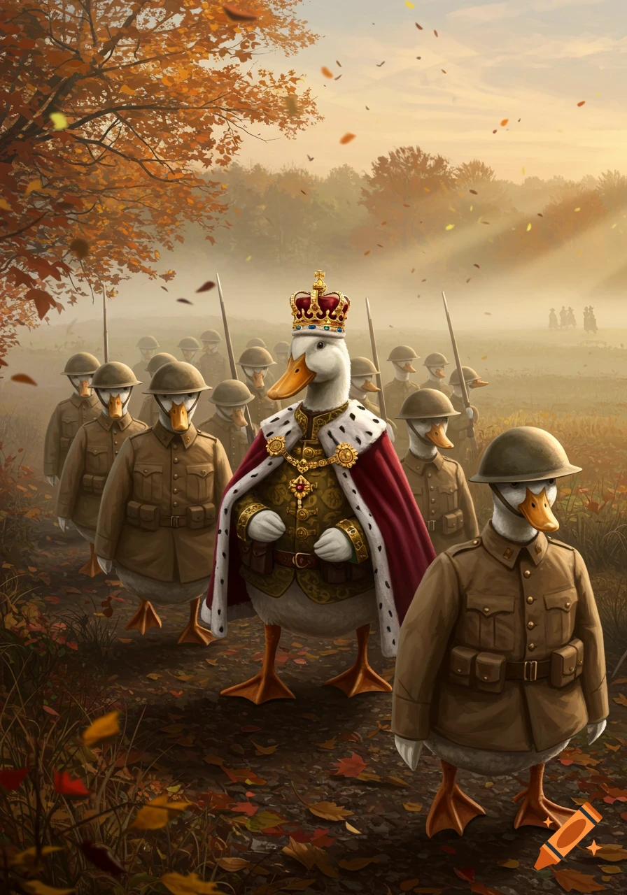 A duck king in a crown and royal cape leads duck soldiers in WWI uniforms through an autumn forest.