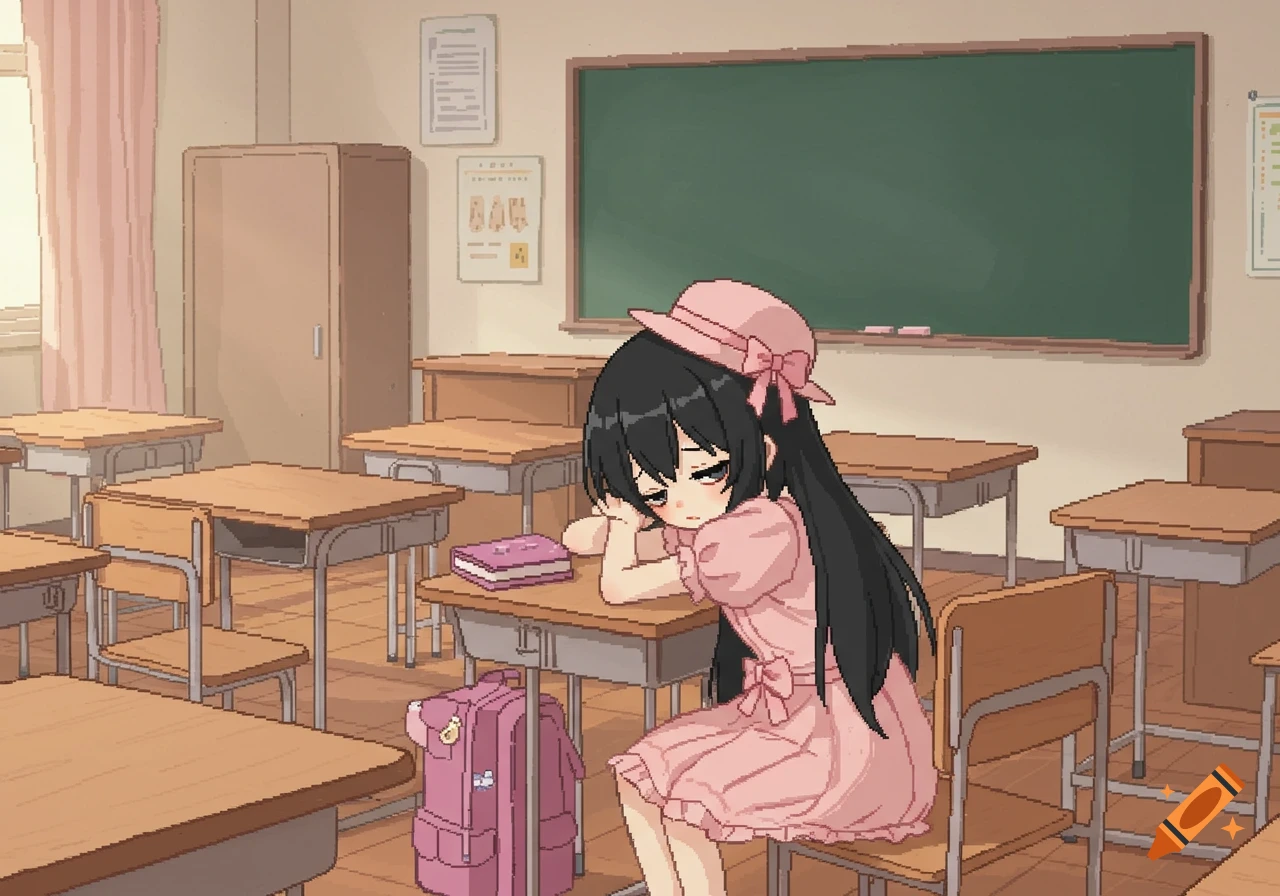 Pixel art of a tired anime girl with black hair and a pink dress, resting her head on a desk in a classroom.