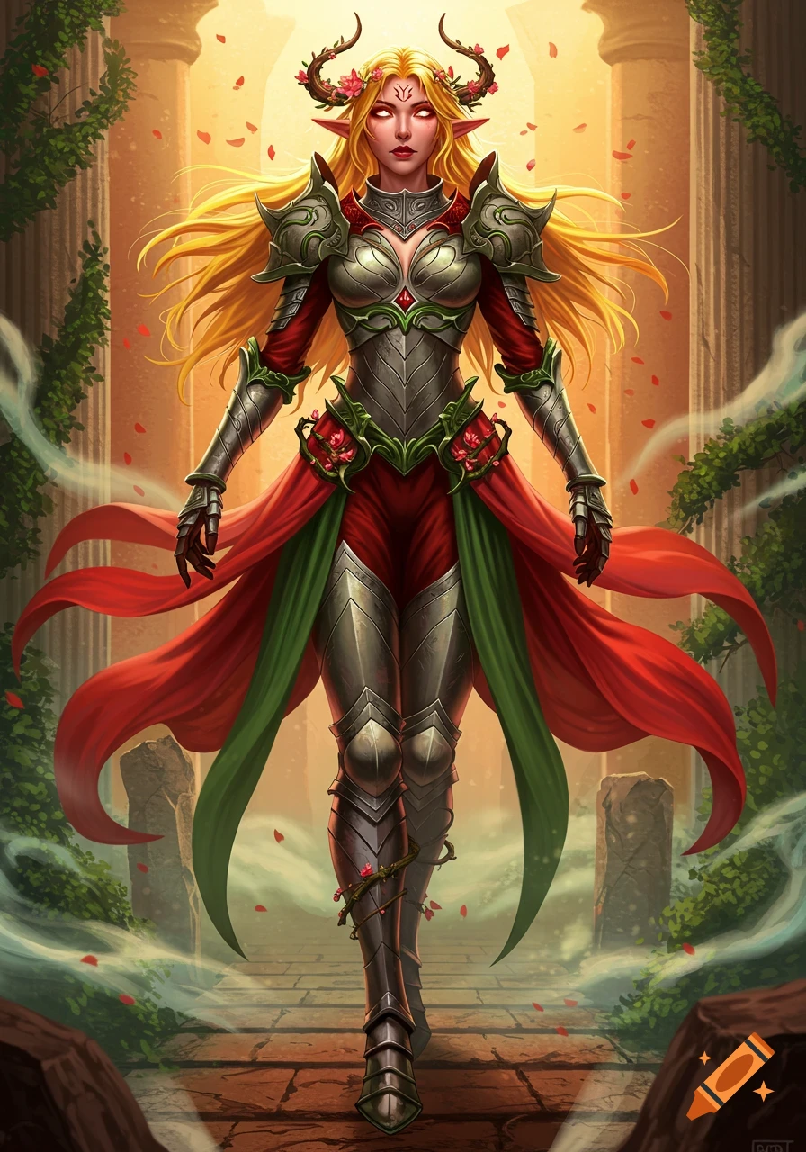 A female fantasy warrior with long blonde hair, horns, and red eyes, in ornate silver and red armor with flowing fabric, walks through ancient ruins.