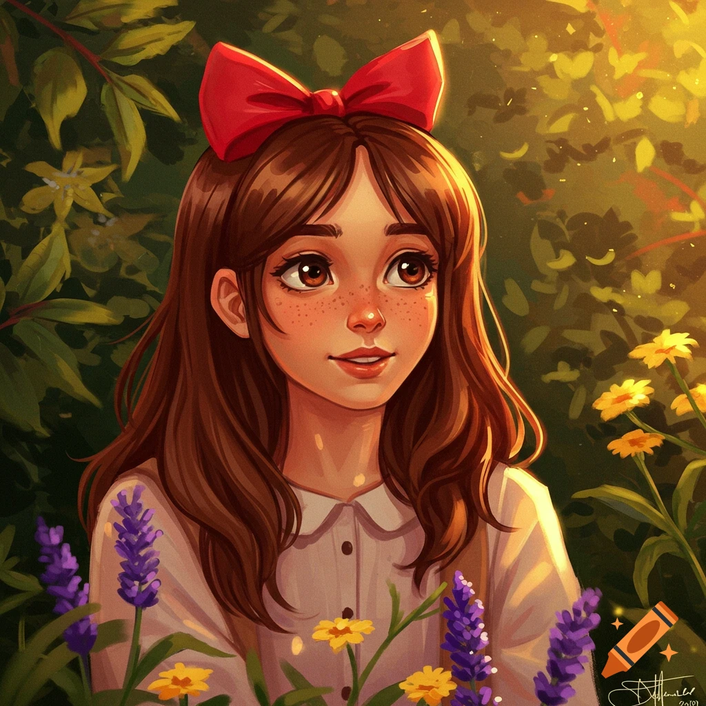 Anime-style portrait of a young girl with brown hair and a red bow, smiling among green leaves and colorful flowers in warm sunlight.