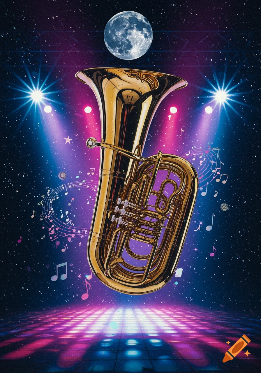 Golden tuba on a disco stage under a full moon, surrounded by musical notes and stars with purple and blue spotlights.