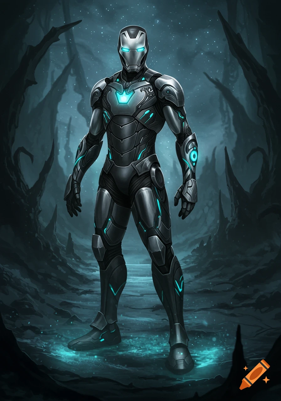 Character in dark, futuristic armor with glowing blue accents stands in a dim, cavernous, alien landscape.