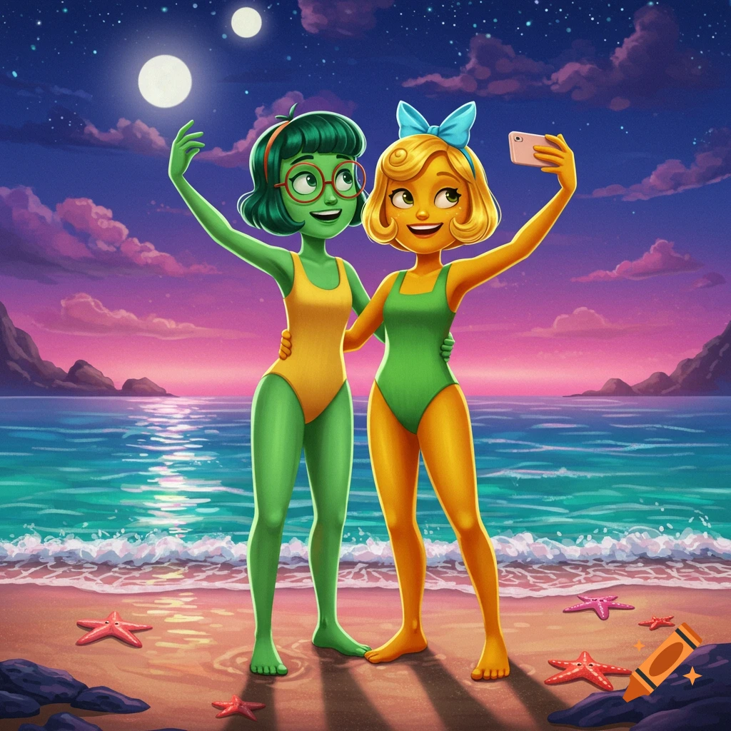 Two CGI Pixar-style women, one green-skinned in yellow, one yellow-skinned in green, take a selfie on a magical beach at sunset.