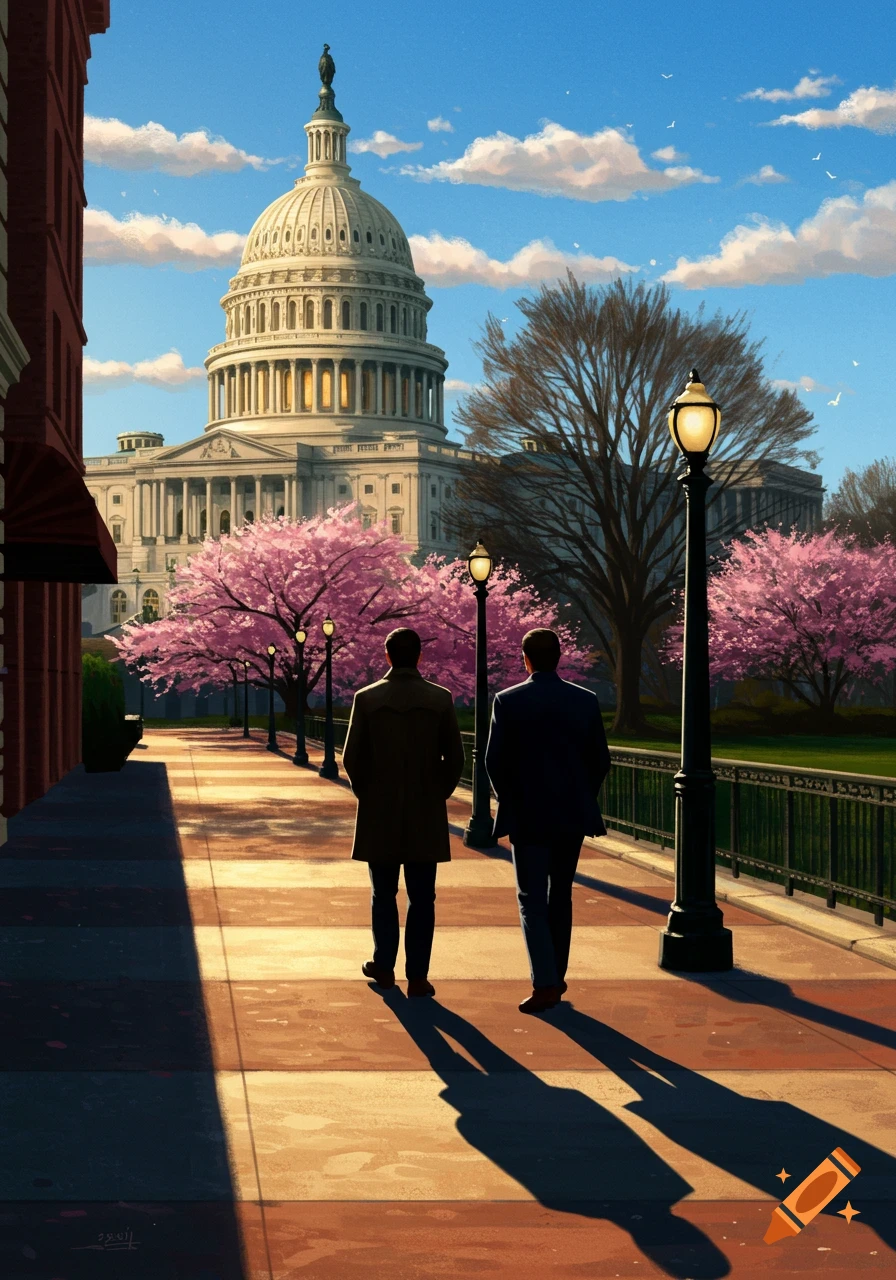 Two men walk on a sunlit sidewalk lined with cherry blossom trees towards the grand US Capitol building under a blue sky, in an illustrative style.
