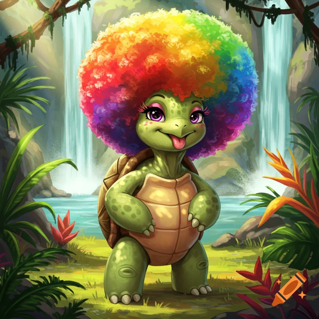 Cute cartoon turtle with a vibrant rainbow afro sticking out her tongue in a lush jungle with waterfalls.