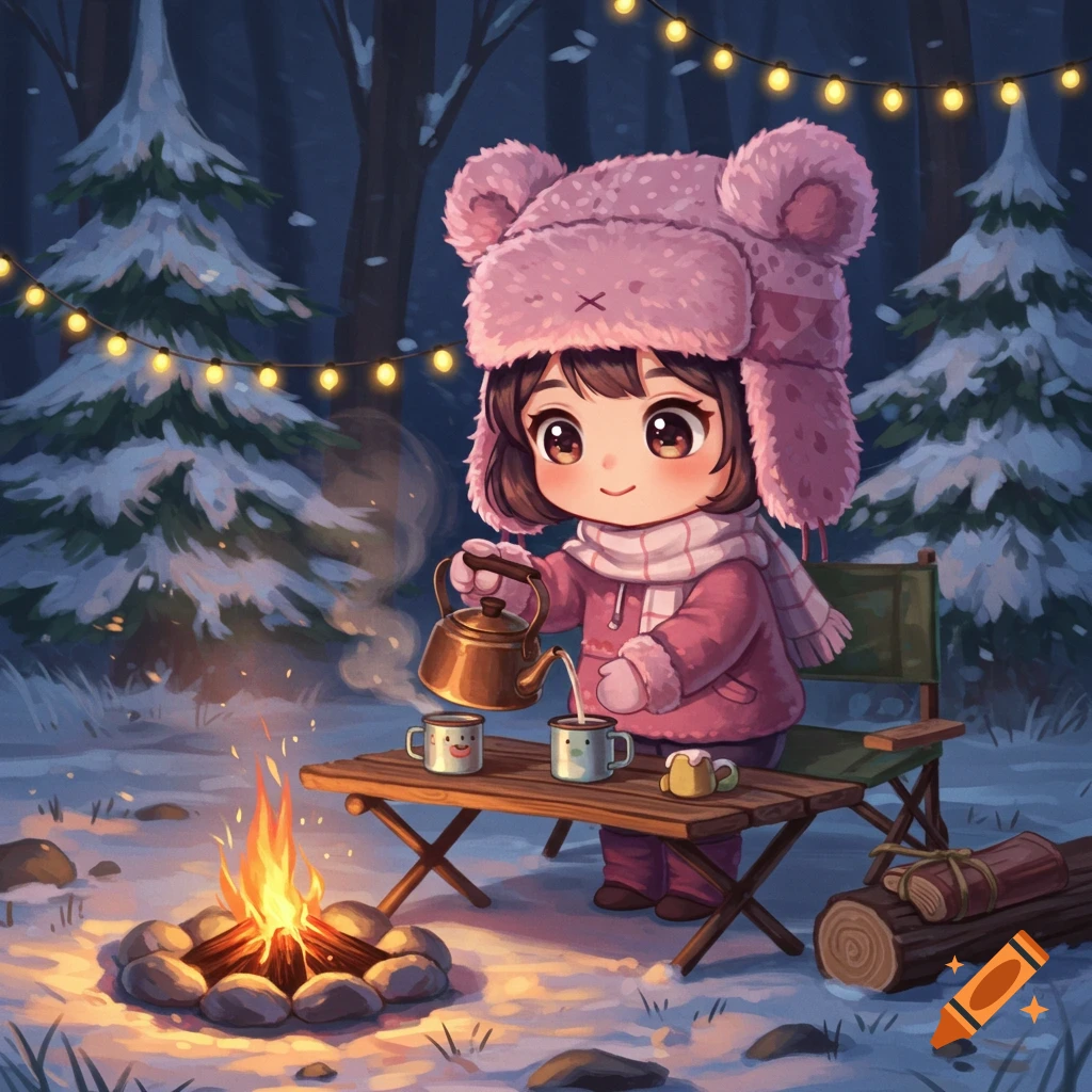 Cute chibi girl in a pink hat pouring hot chocolate by a campfire in a snowy forest campsite with string lights, animated style.