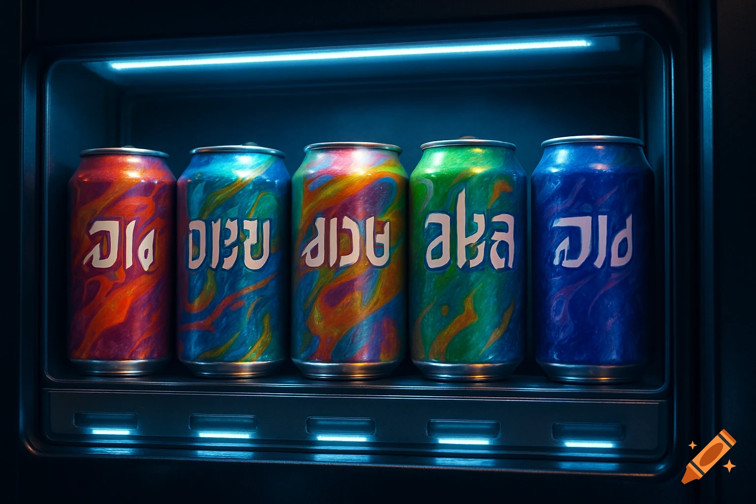 Five colorful soda cans with illegible text displayed in a vending machine under blue lights.
