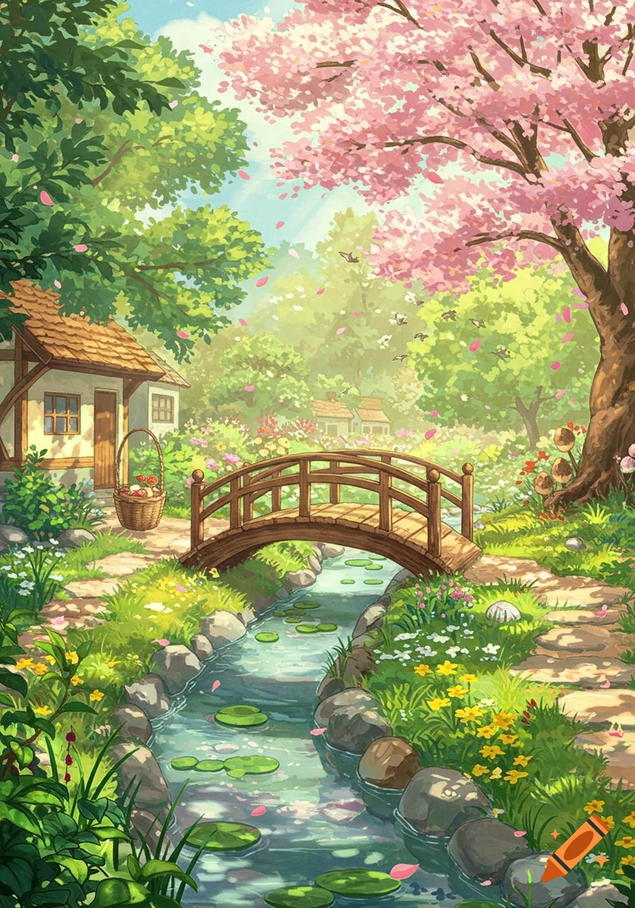 A vibrant Studio Ghibli style landscape with a small house, a wooden bridge over a stream, and pink cherry blossom trees.