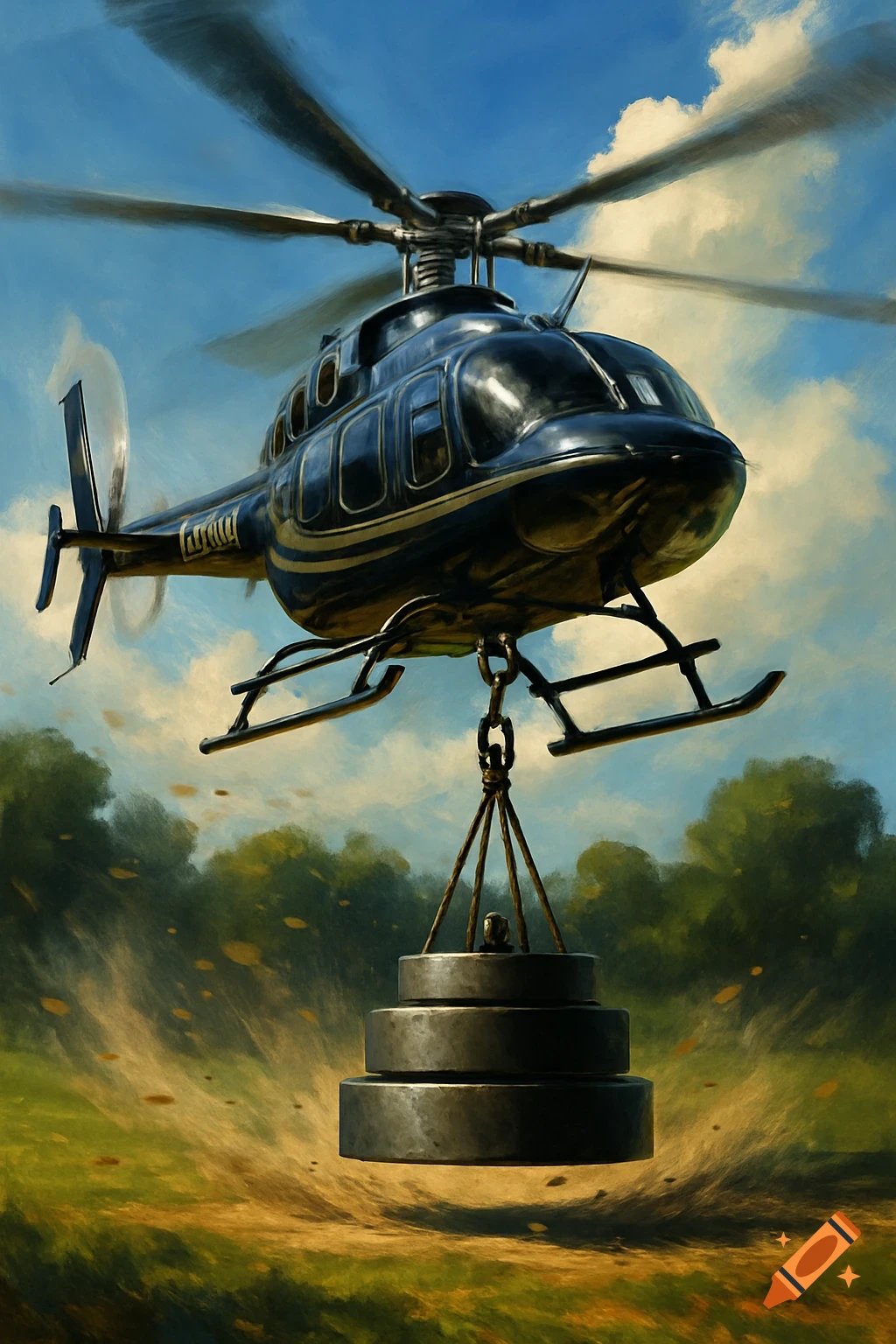 A dark blue helicopter hovers, lifting stacked metal weights over a green field with trees under a blue sky, in a painterly style.
