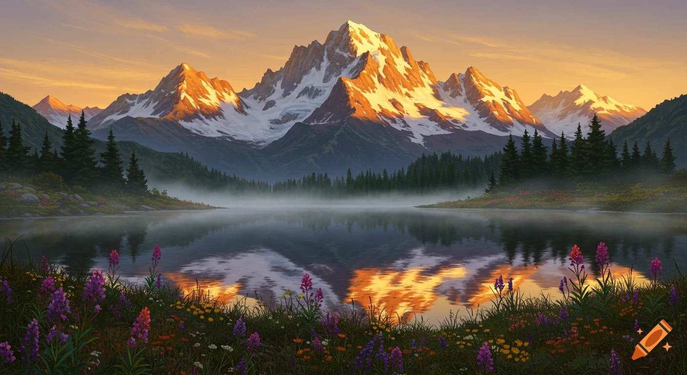 A majestic, snow-capped mountain range reflects in a calm lake at sunrise, with vibrant wildflowers bordering the foreground. Digital painting.