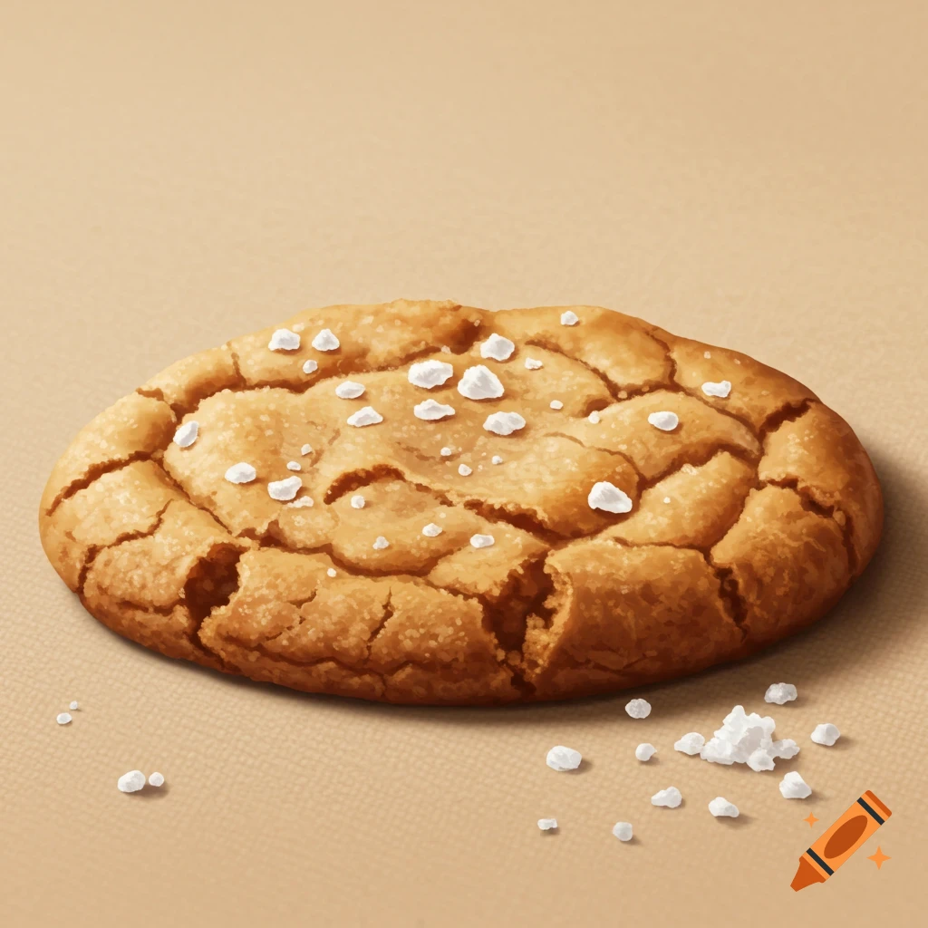 An illustration of a golden-brown cookie with cracks on its surface, topped with white flaky salt, on a light brown background.