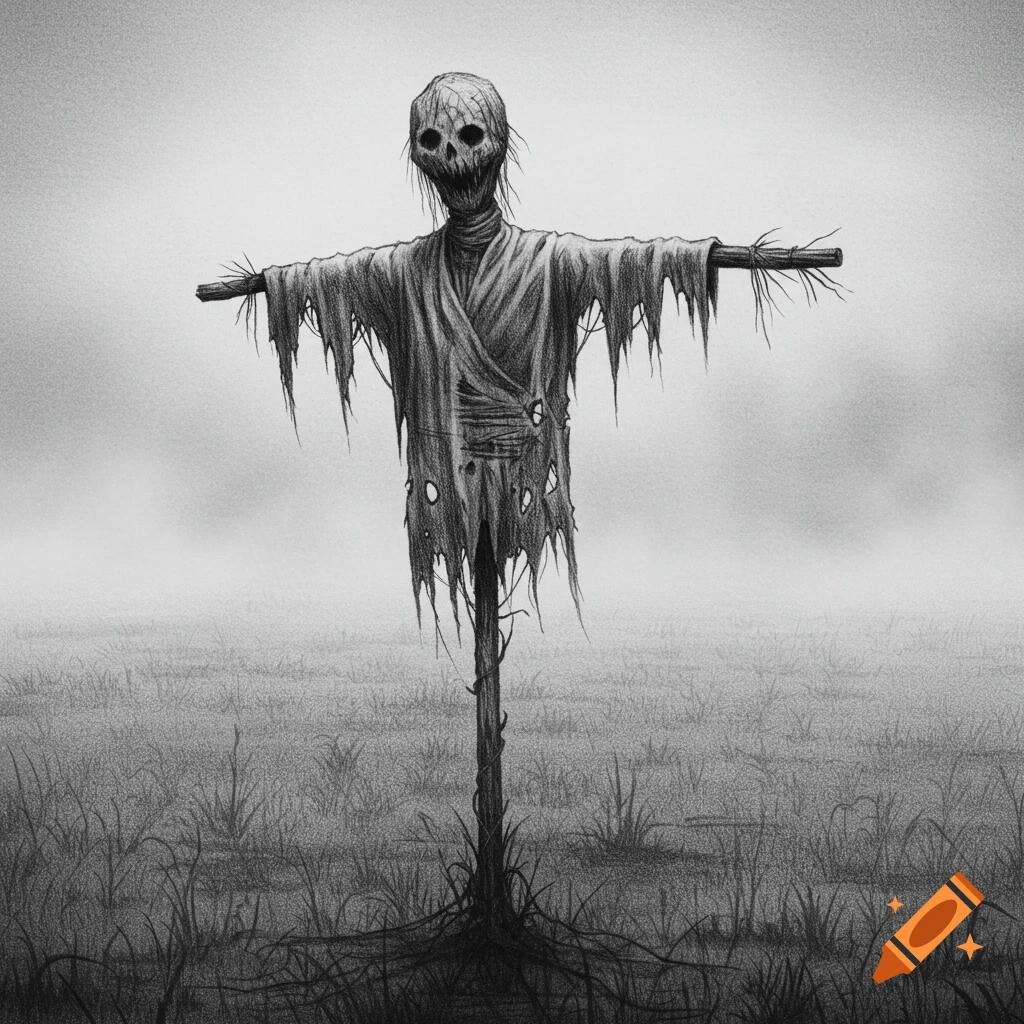 Creepy black and white pencil drawing of a corpse-like scarecrow in a foggy field.
