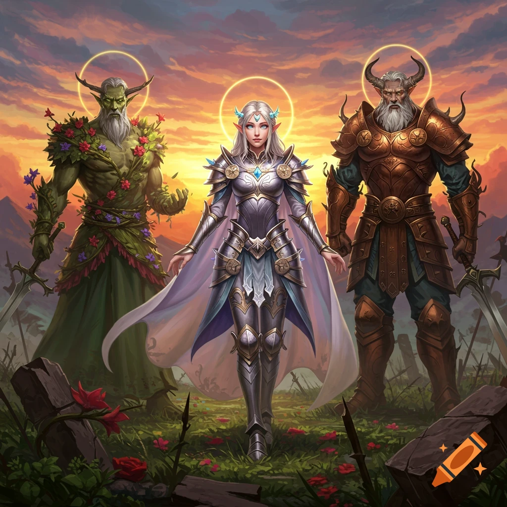A digital painting of a female demigod in armor standing between a green nature god and a horned war god in a field at sunset.
