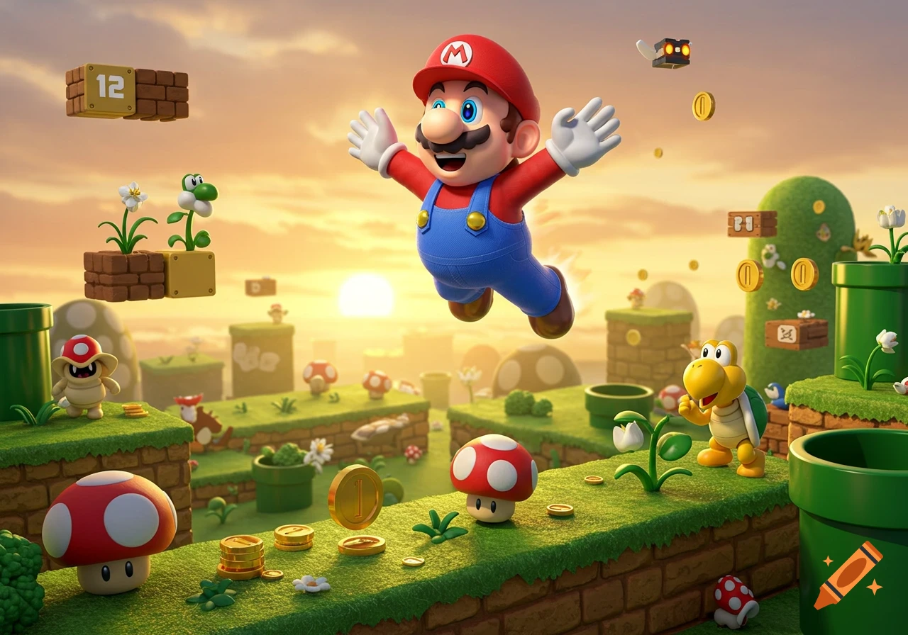 Mario jumps through a vibrant Super Mario Bros. landscape at sunset, featuring Koopa, Goomba, pipes, and floating coins.