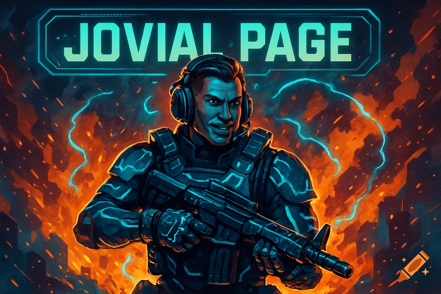 An illustration of a man in tactical gear with headphones holding a rifle, with 'Jovial Page' in neon text above a fiery background.