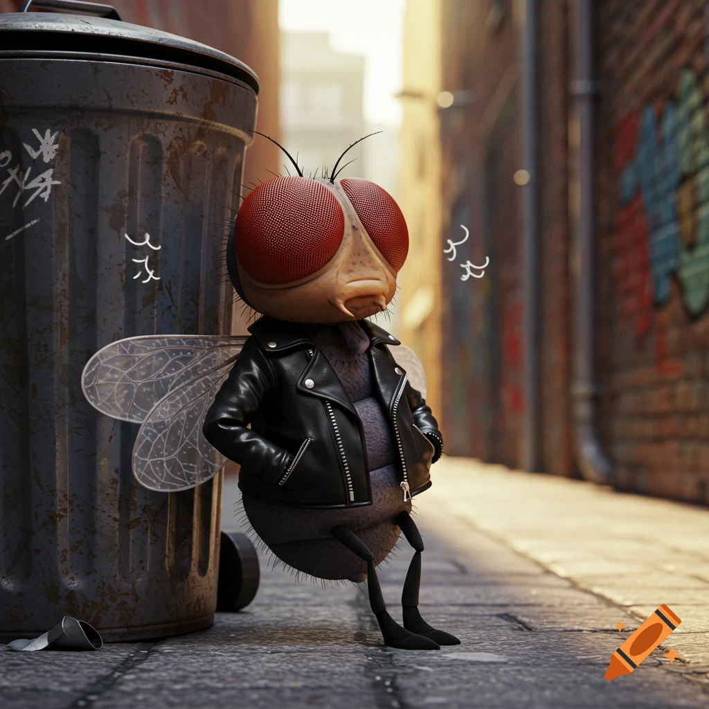 A photorealistic cartoon fly in a leather jacket leans casually against a trash can in a sunny urban alleyway.