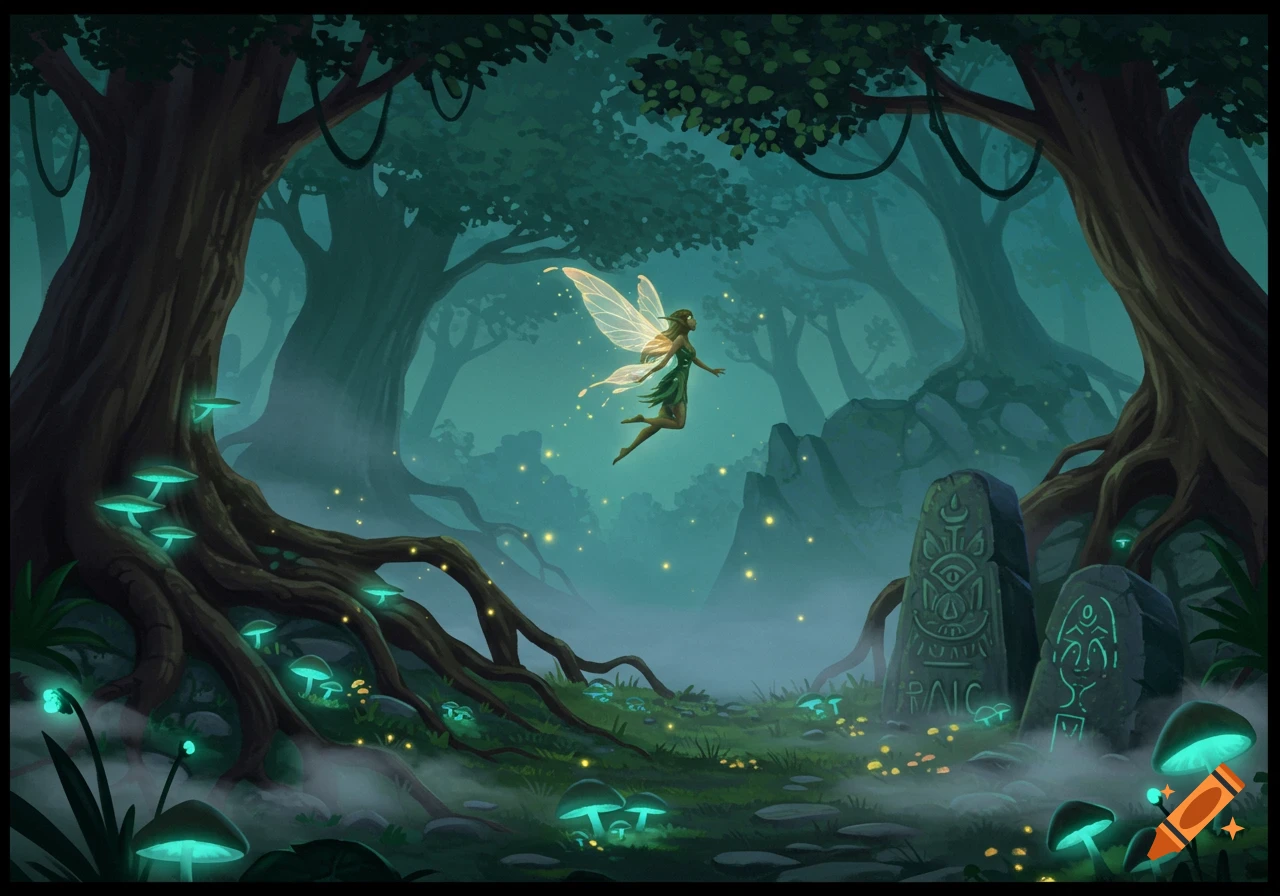 A glowing fairy with delicate wings flies through a mystical, misty forest with large trees, luminous mushrooms, and ancient carved stone monoliths.