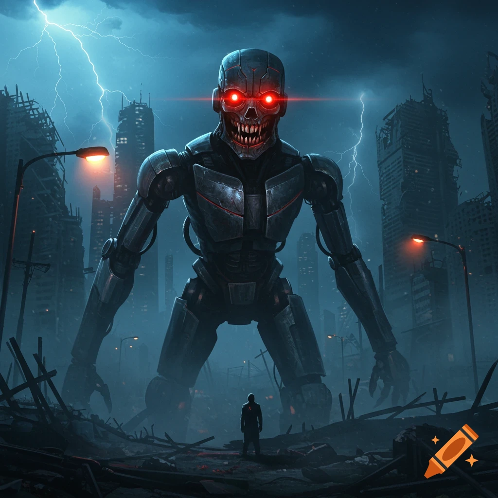 A giant skull-faced robot with red glowing eyes and sharp teeth stands over a lone human in a destroyed city under a lightning storm.