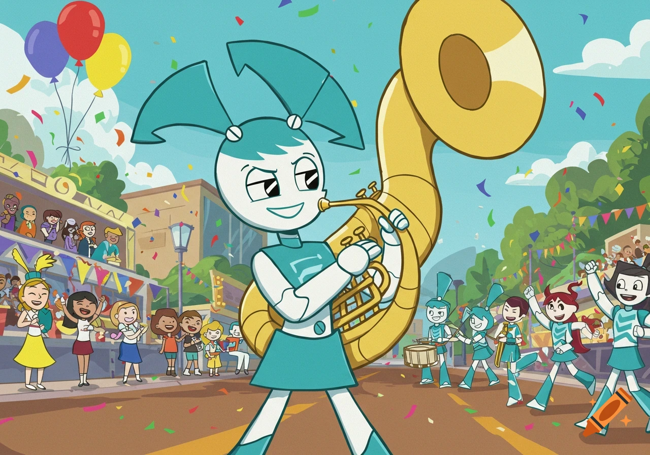 Jenny Wakeman, a robot in a cyan marching band uniform, plays a Sousaphone in a lively parade with other band members and cheering spectators.
