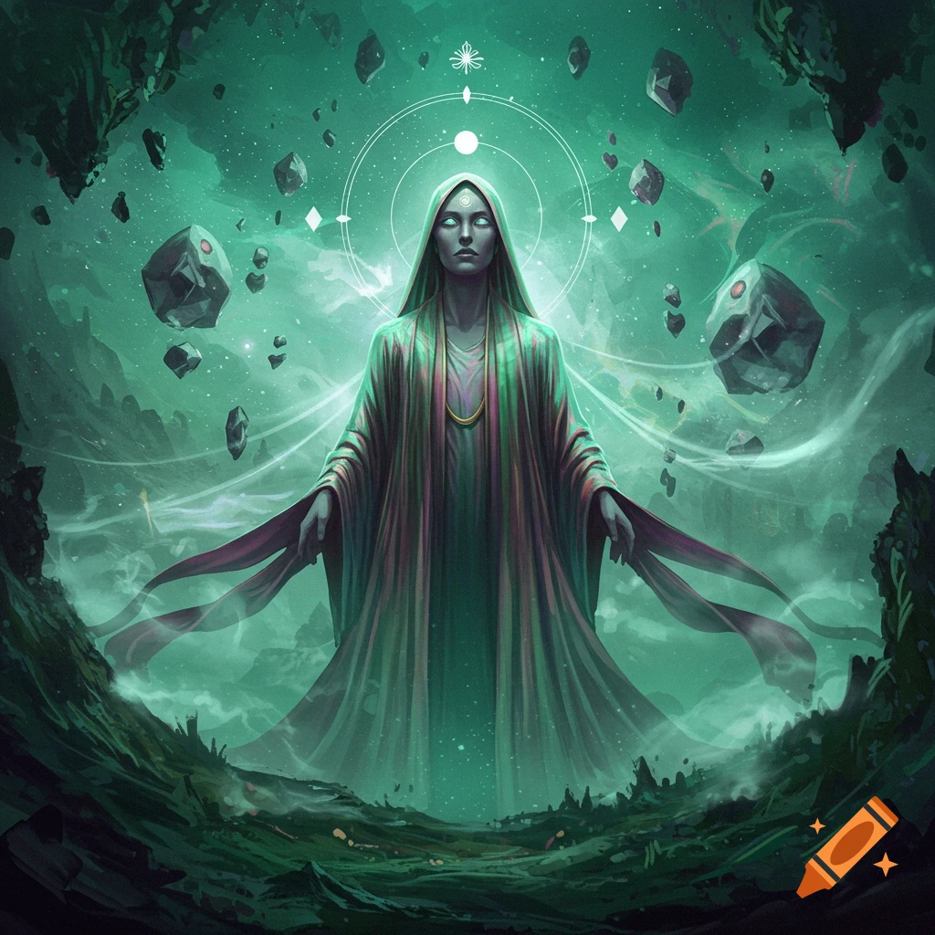 Mysterious robed figure with glowing eyes and a halo, surrounded by floating rocks in a swirling green cosmic landscape.