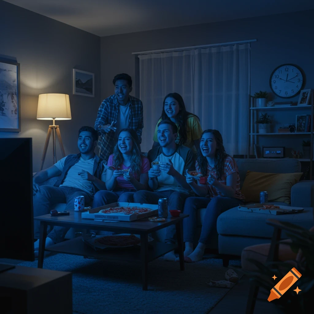 A group of six young adults are enthusiastically watching TV in a dimly lit living room, eating pizza and snacks.