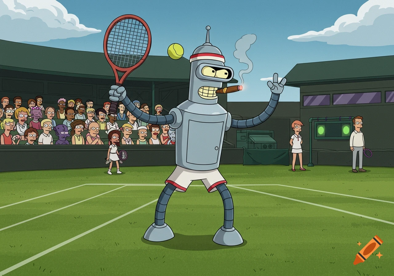Bender from Futurama plays tennis on a court at Wimbledon, holding a racket, smoking a cigar, and making a peace sign, in cartoon style.