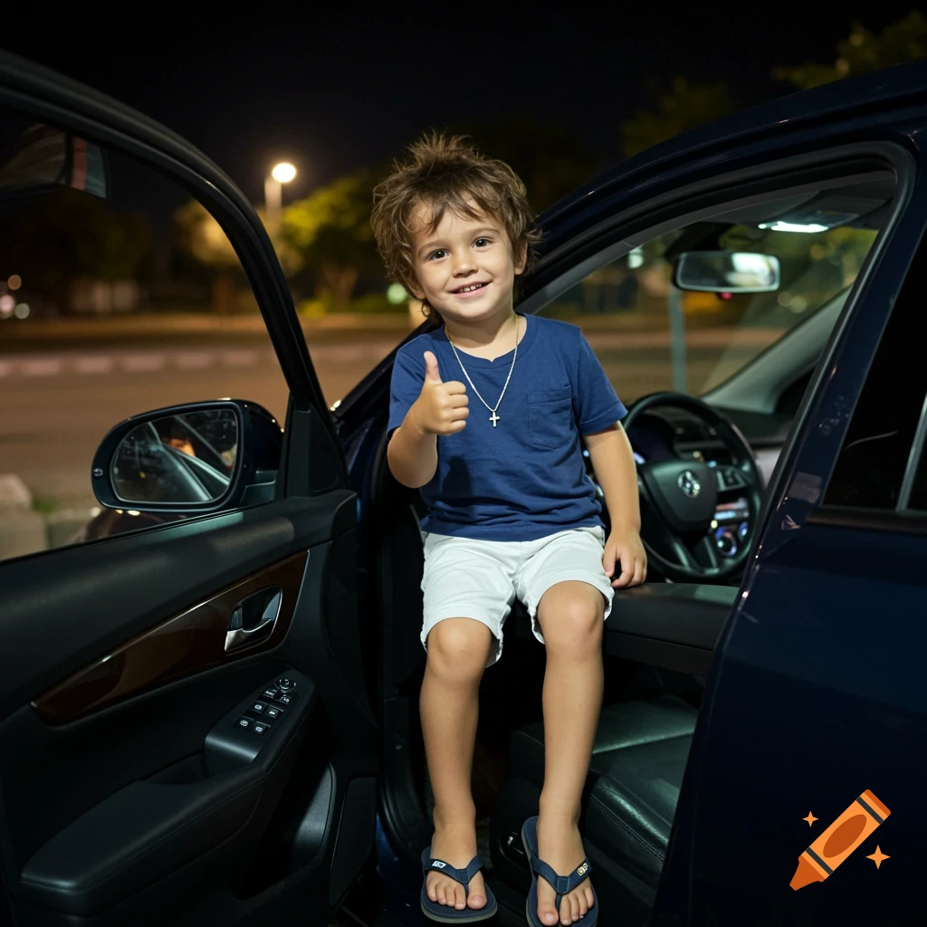 Little boy with brown hair and a blue shirt giving a thumbs up from the open door of a car at night, photorealistic.